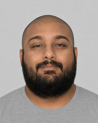 Computer-generated image showing Joseph Tennis with a shaved head and a full beard, plain grey background.